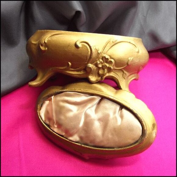 Antique Victorian Art Nouveau Gold Jewelry Box Casket w Pink Silk - Picture 4 of 6
